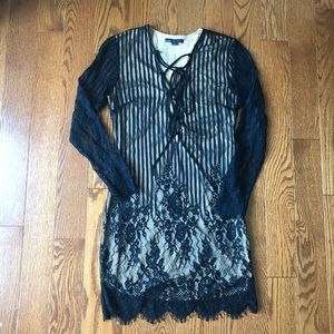 Black and Nude Lace Long Sleeve Dress
